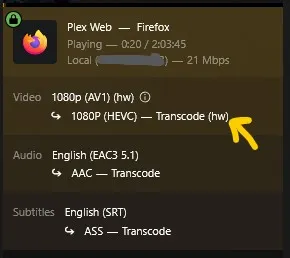 Transcoded stream in the plex dashboard