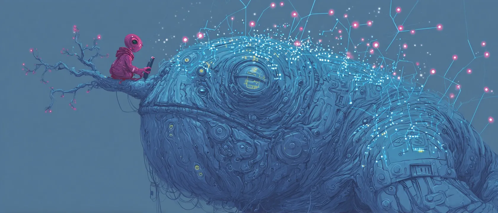 A small creature prodding a bigger creature to work