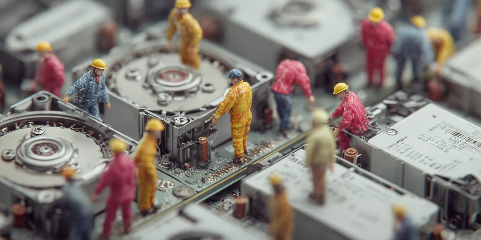 Tiny workers remounting hard drives in computers