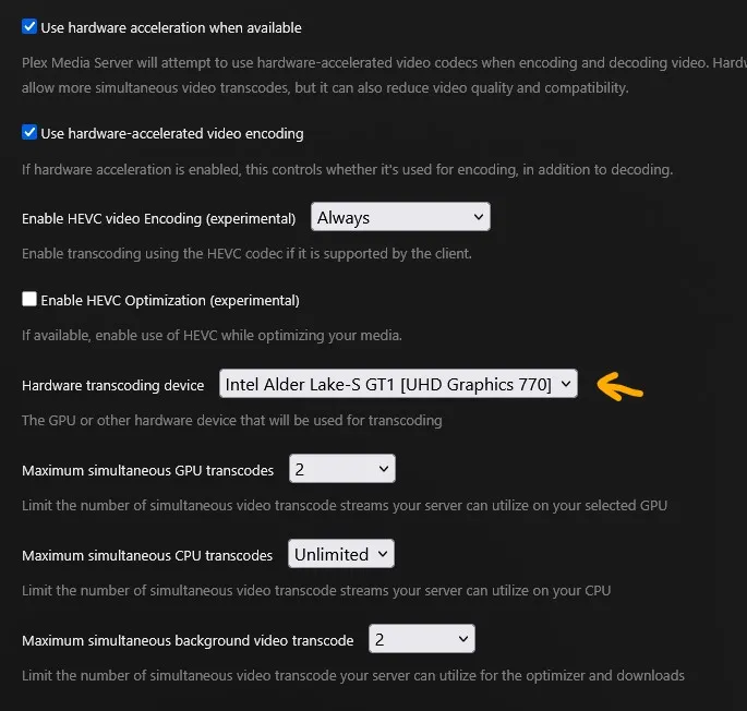 Transcoding setting in plex